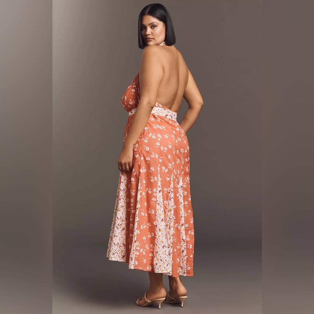 NWT! Anthropologie Maeve Halter Open-Back Godet Midi Shirt Dress 🖼️🗝️